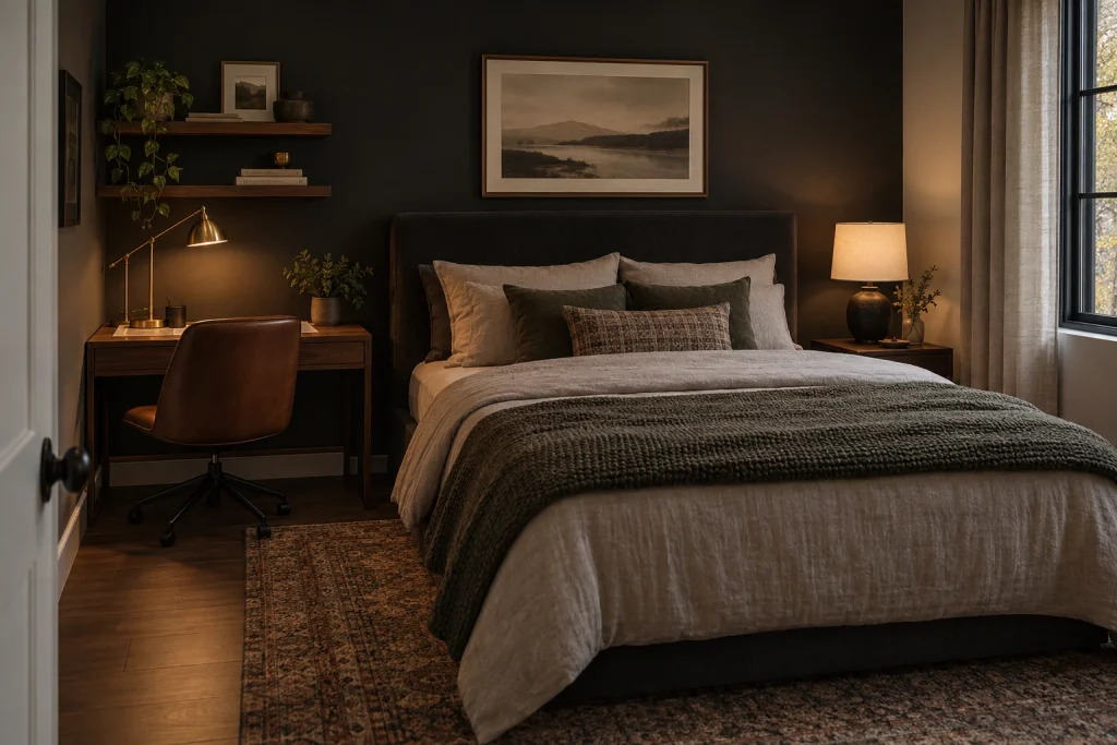 Darker Moody Compact Workspace — Intimate, Focused Desk Corner, Moody modern bedroom-family (small bedroom variants) interior