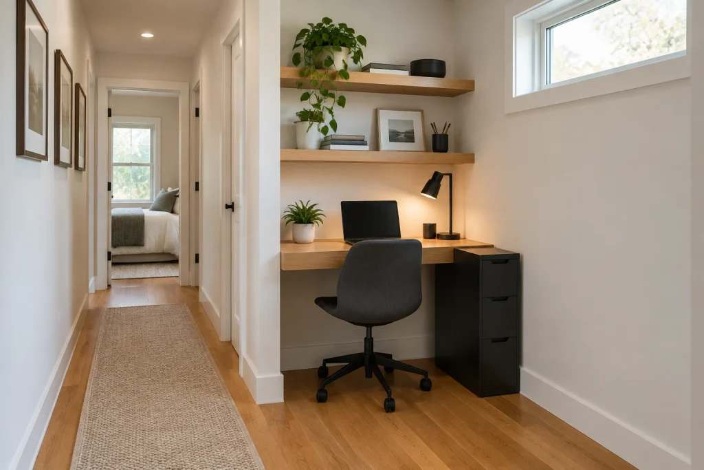 Wall-mounted floating desk in a narrow hallway alcove, Modern Minimal with natural oak and matte metal home-office-family interior
