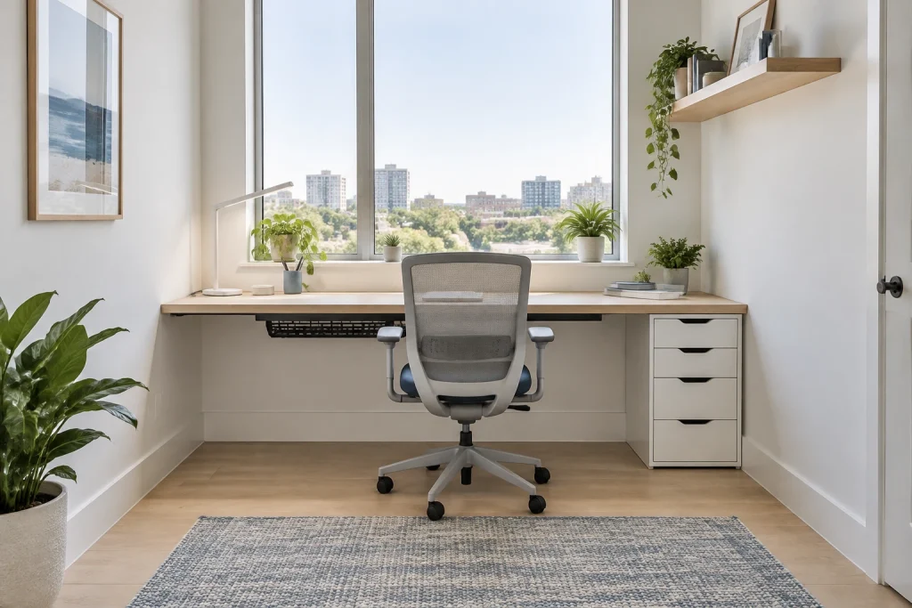 Window workstation centered under a full-height apartment window (daylight-first), Scandinavian bright and airy home-office-family interior
