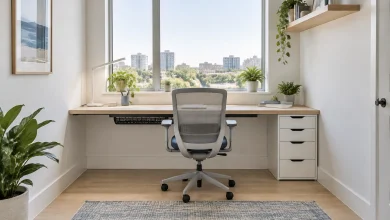 Window workstation centered under a full-height apartment window (daylight-first), Scandinavian bright and airy home-office-family interior