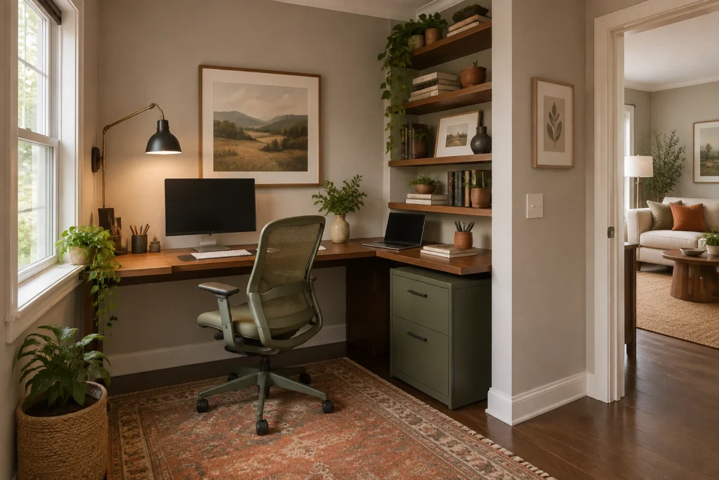 L-shaped corner workstation maximizing two walls, Modern organic with layered textures home-office-family interior