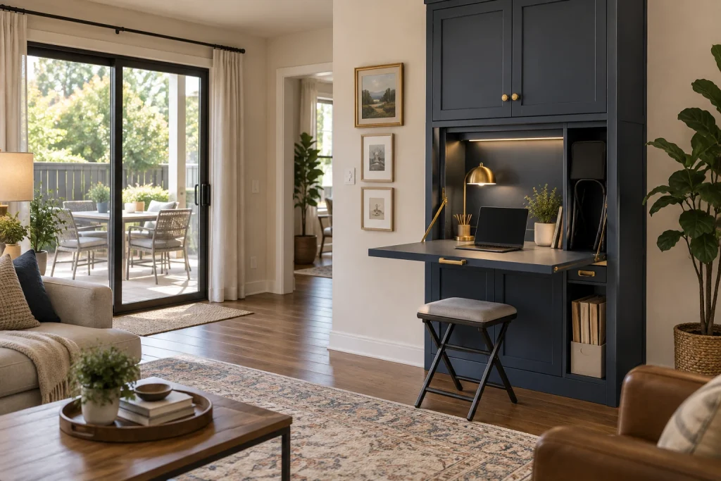 Fold-down (Murphy-style) desk for multipurpose rooms, Transitional, renter-friendly painted cabinetry home-office-family interior