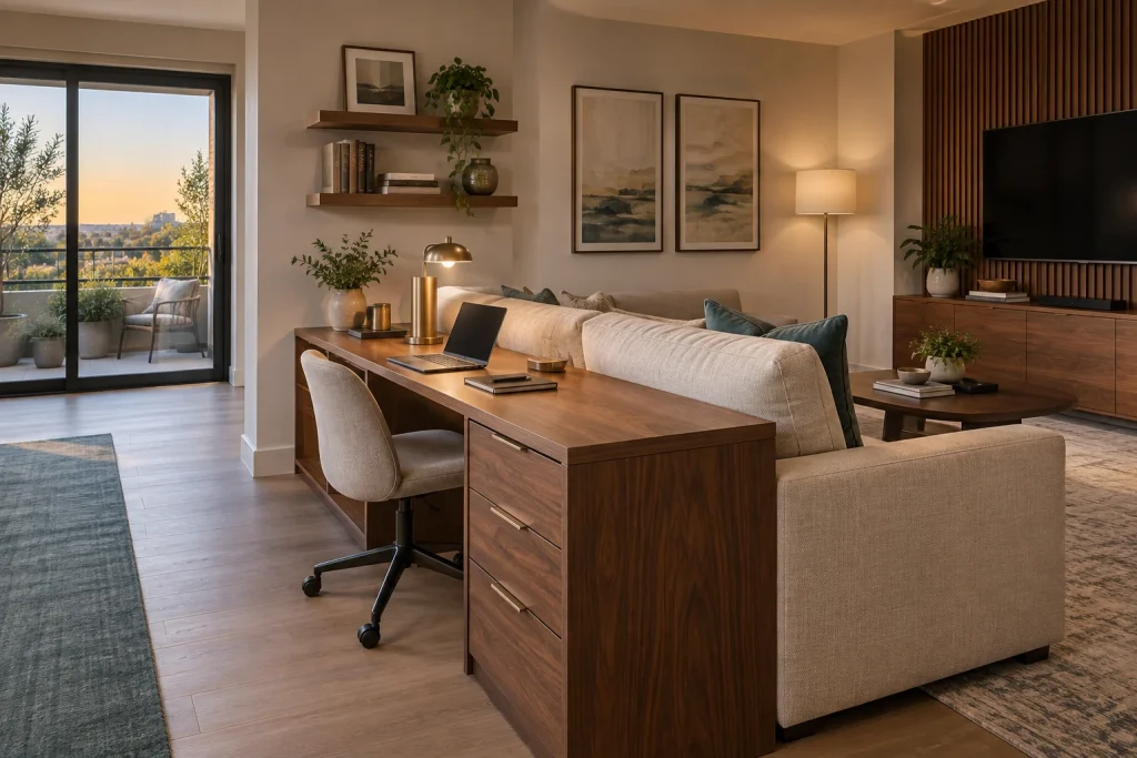 Living-room workstation zone behind a sofa, Contemporary layered with mixed woods and soft textiles home-office-family interior