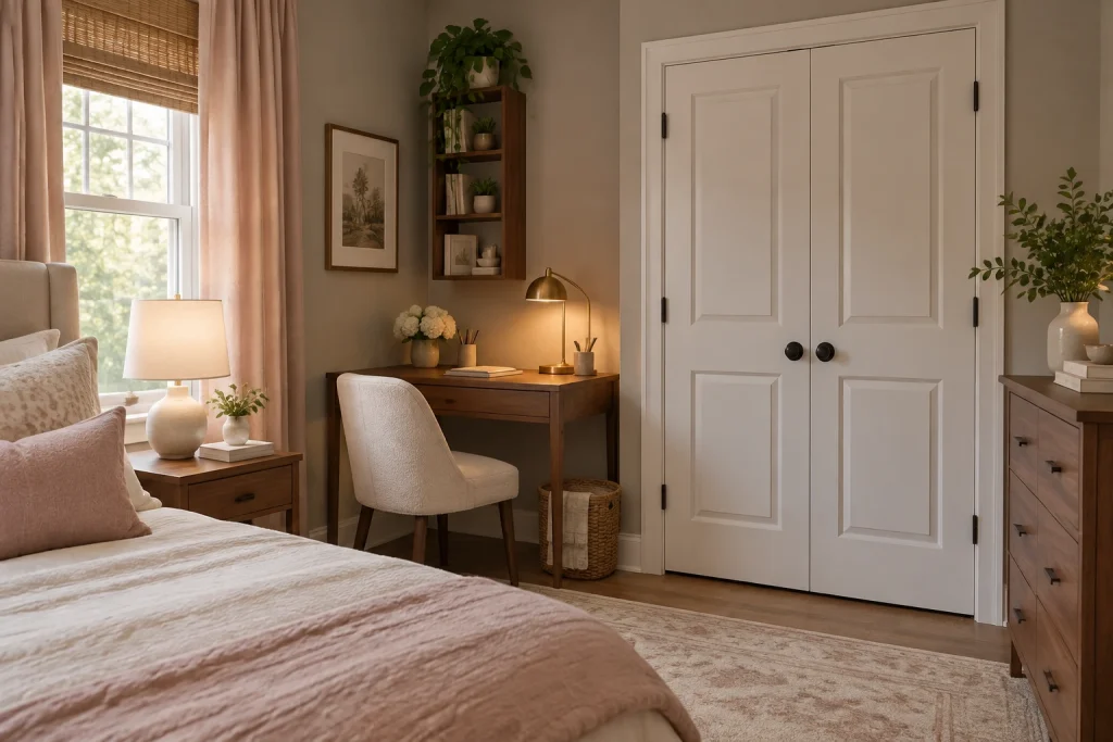 Bedroom corner desk that doubles as a vanity, Warm modern with layered textiles home-office-family interior