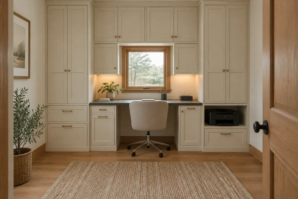 Storage-integrated built-in desk wall for a compact dedicated room, Custom built-in cabinetry with shaker doors home-office-family interior