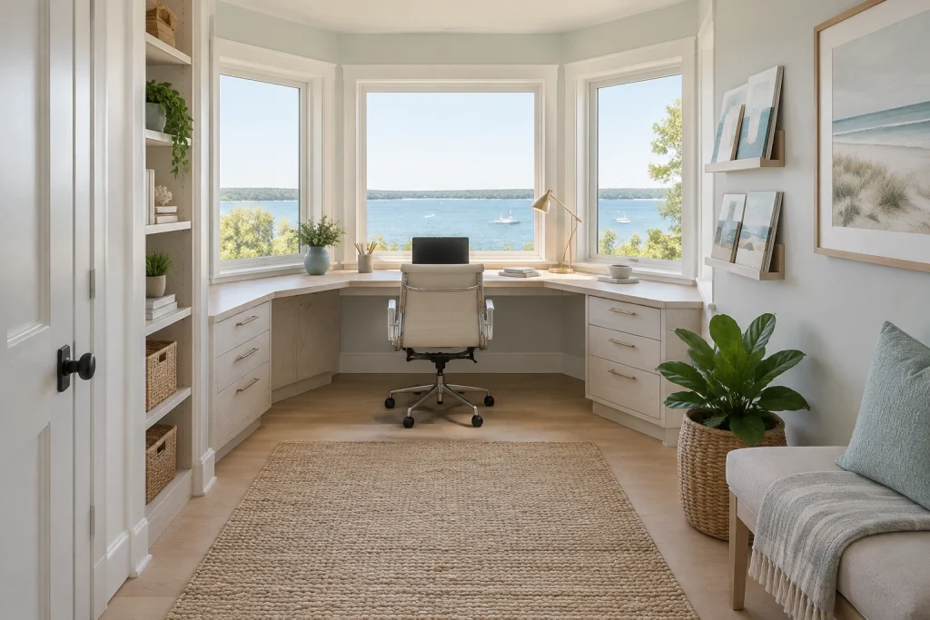 Daylight-first alcove office in a sun-drenched bay, Bright coastal-modern with breezy materials home-office-family interior