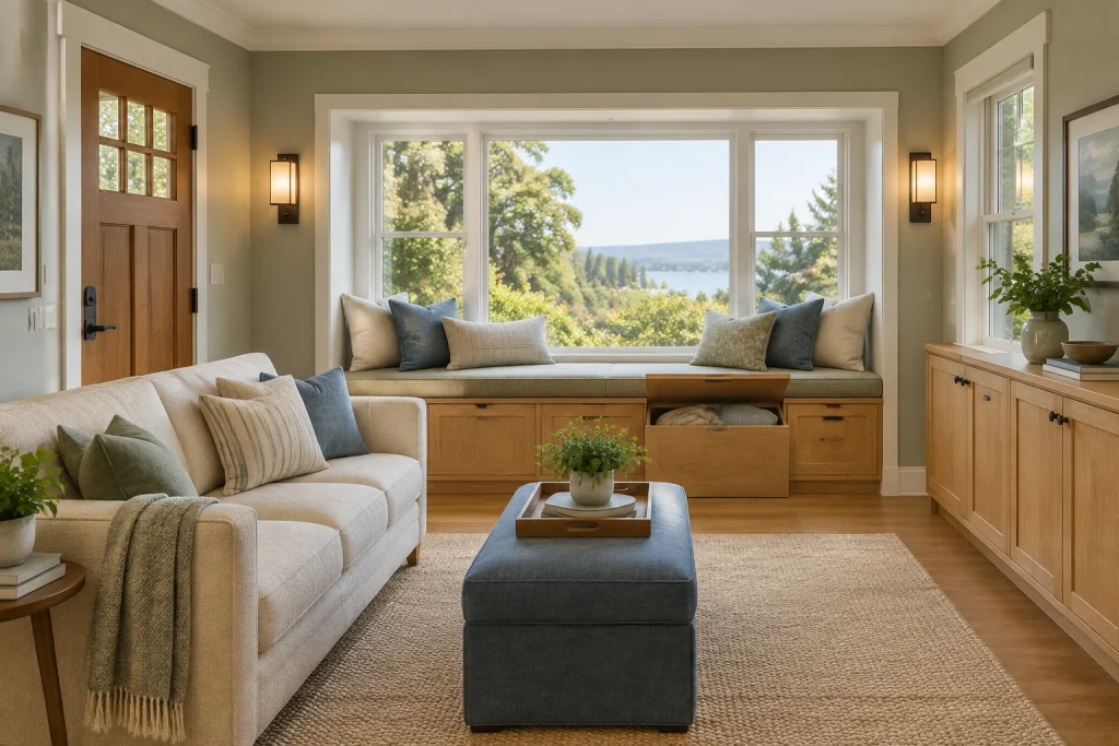 Window Seating Zone — Bench that Doubles as Storage and Seat, Modern Craftsman living-room-family interior