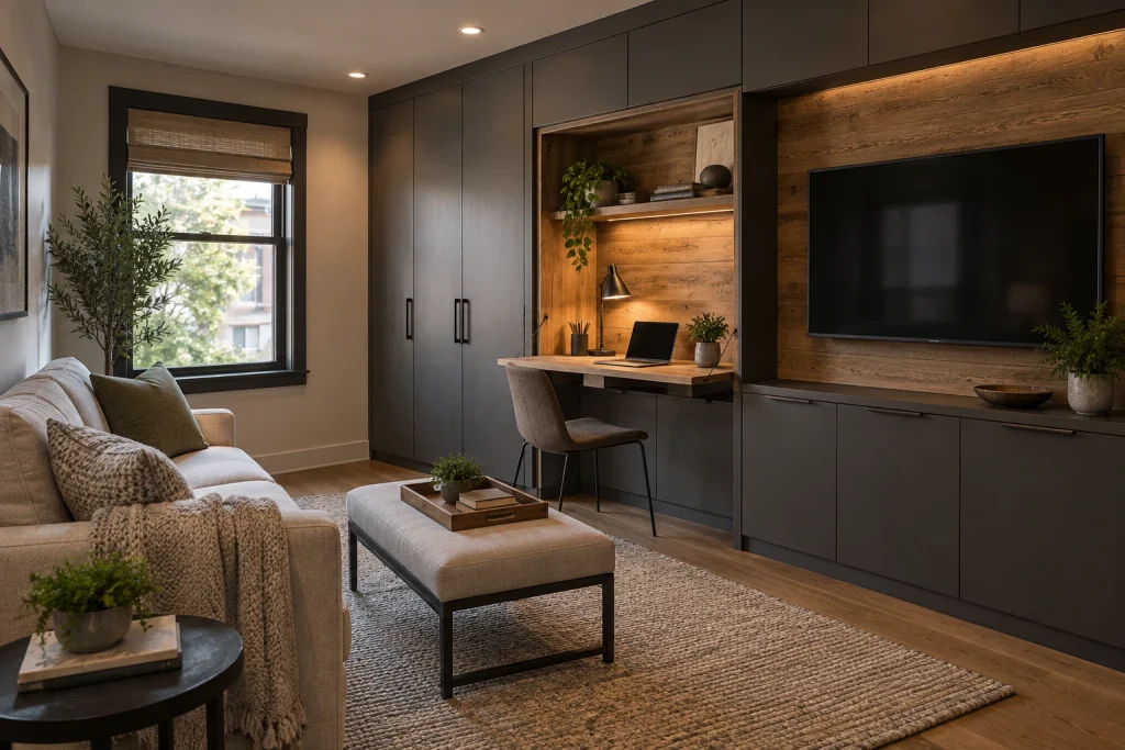 Multifunction Storage Wall — Desk, Media, and Hidden Closets, Urban Utility (warm industrial touches) living-room-family interior