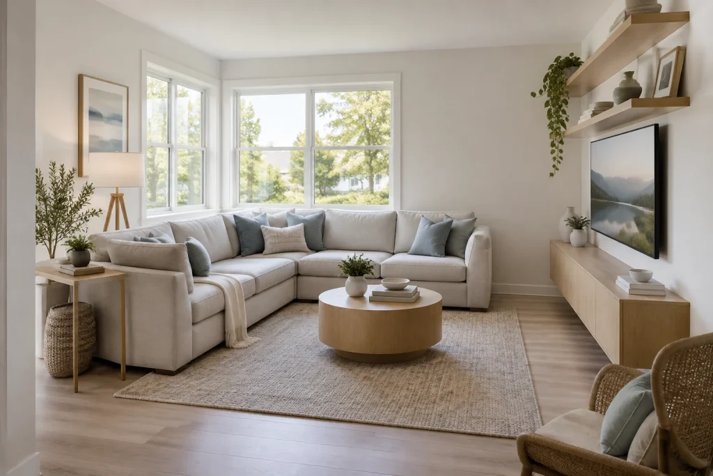 Compact Sectional in a Corner — L-Section Maximizing Seating, Scandinavian Minimal living-room-family interior