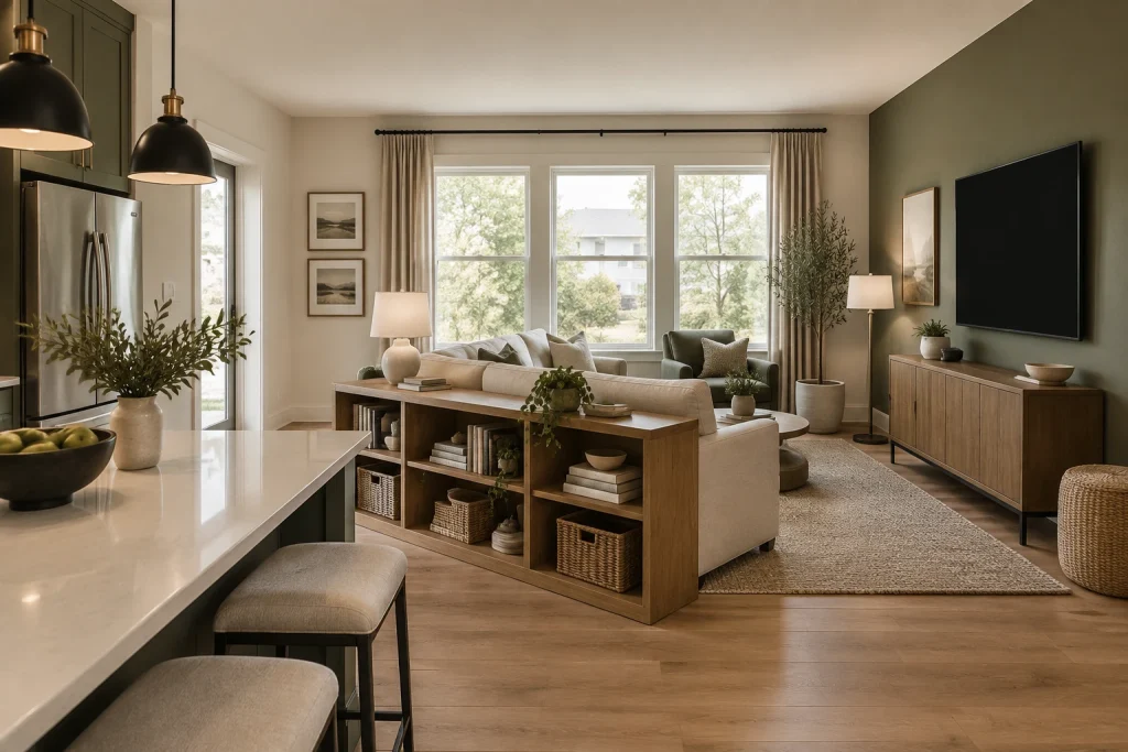 Open-Plan Divider — Low Bookcase as Room Separator, Casual Modern (mid-budget) living-room-family interior