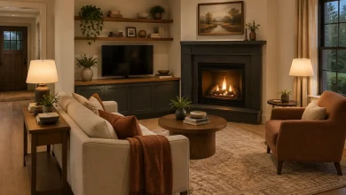 Corner Fireplace Focal Point — Angled Seating Arrangement, Traditional-Modern Blend living-room-family interior