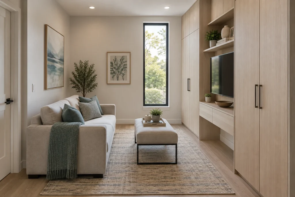 Vertical Storage Strategy — Tall Cabinets and Floating Media, Contemporary Functional living-room-family interior
