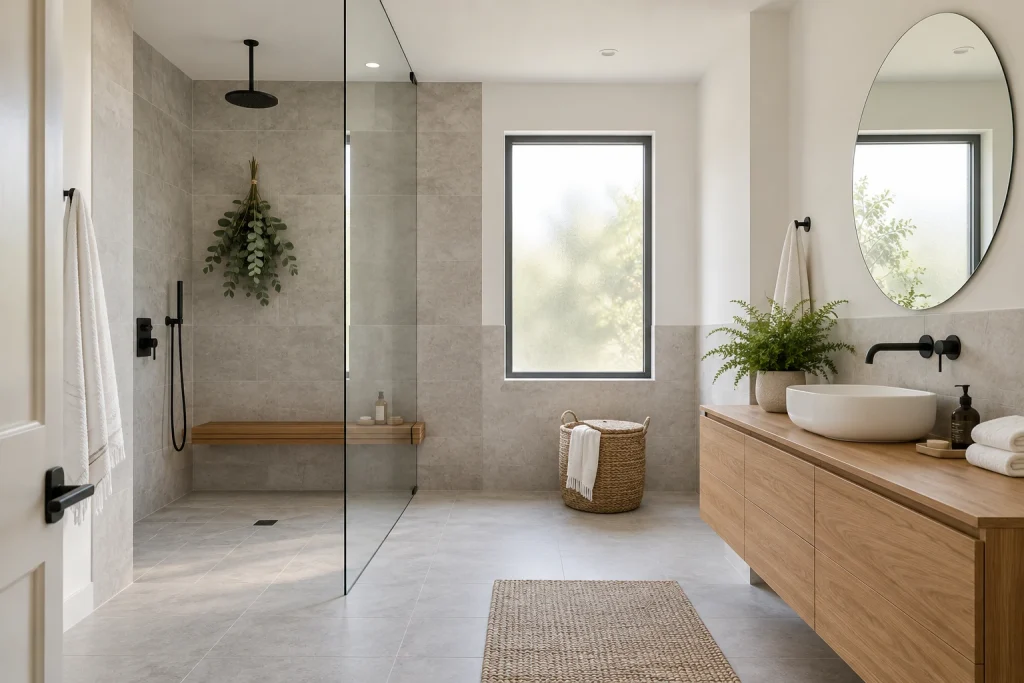 Light-filled Wet Room with Eucalyptus and Teak, Scandinavian-minimal Open wet room with walk-in shower interior