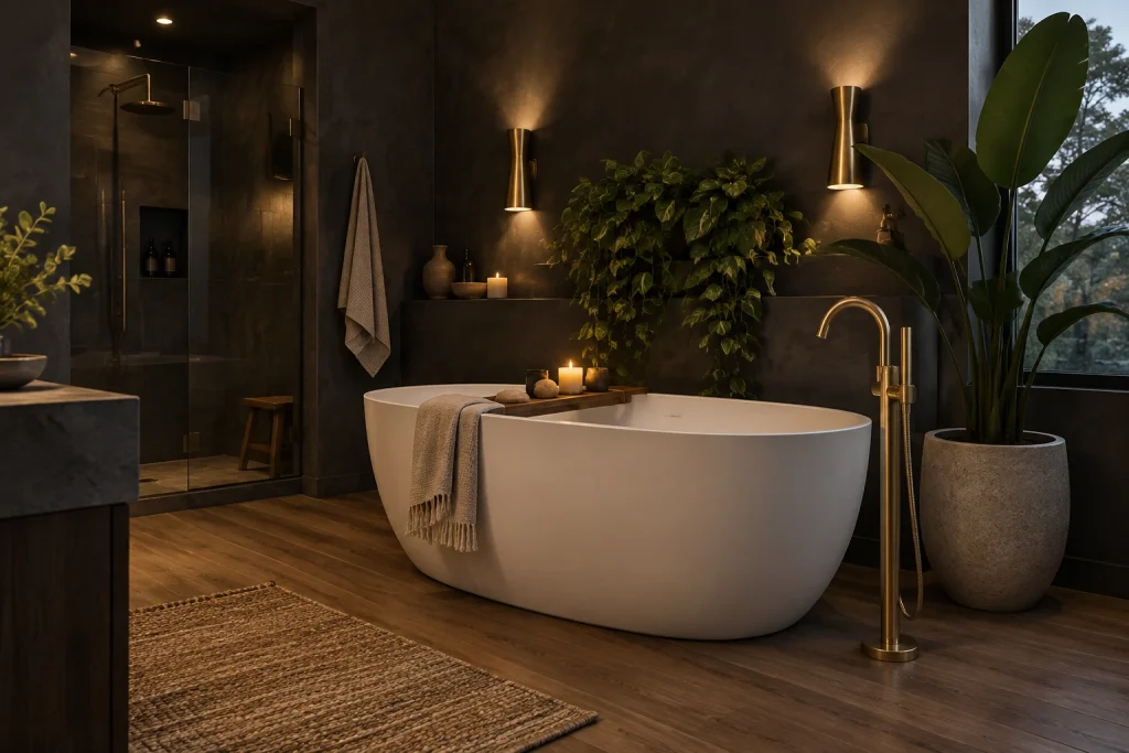 Moody Plaster Tub with Trailing Greenery, Modern organic with dark plaster Primary bathroom with freestanding tub interior