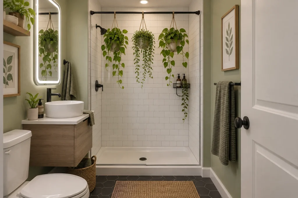 Renter-Friendly Shower Nook with Hanging Plants, Urban casual, budget-conscious Small apartment bathroom interior