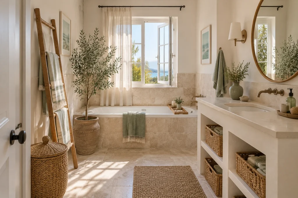 Coastal Stone Bath with Olive and Linen, Mediterranean-coastal Guest bathroom with soaking tub interior