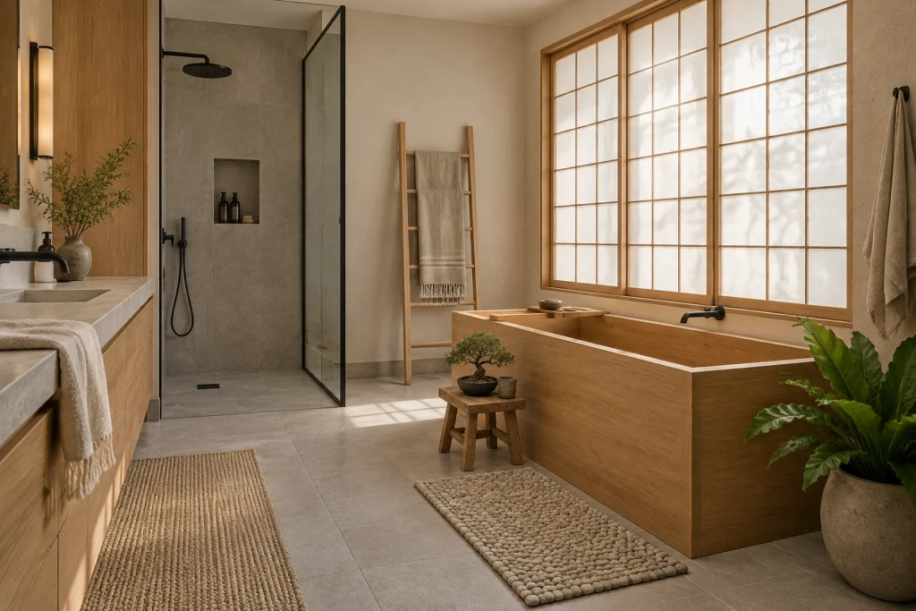 Japandi Wood Soak with Bonsai and Bamboo, Japandi (Japanese + Scandi) Primary bathroom with soaking tub and shower interior