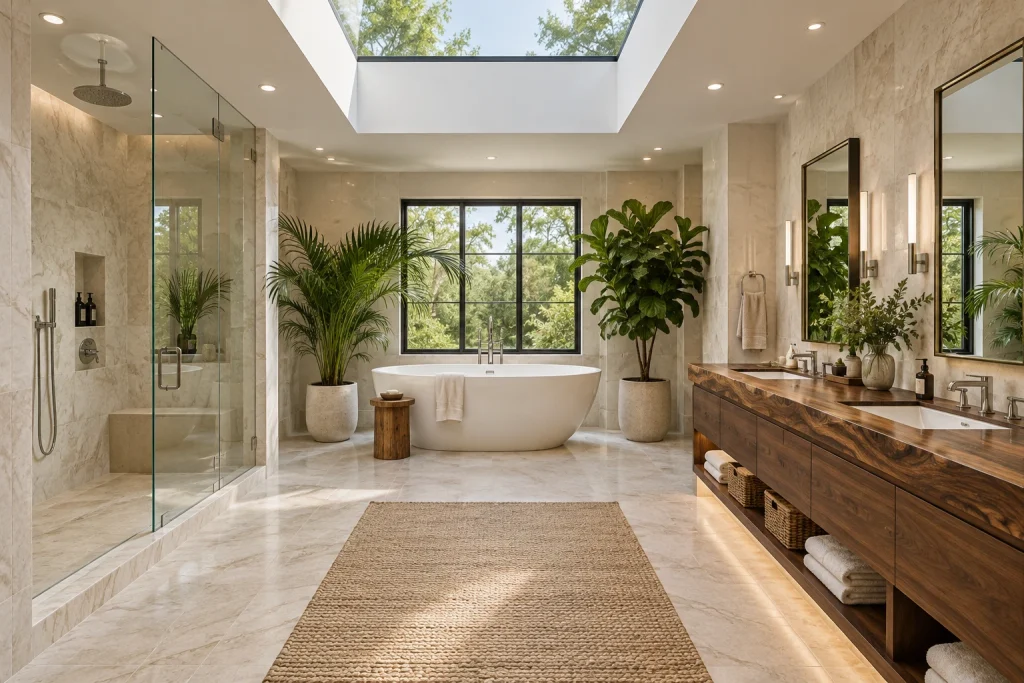 Skylit Luxury with Live-Edge Vanity and Tropical Plants, Modern luxury with natural finishes Large ensuite with skylight and dual vanity interior