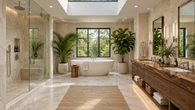 Skylit Luxury with Live-Edge Vanity and Tropical Plants, Modern luxury with natural finishes Large ensuite with skylight and dual vanity interior