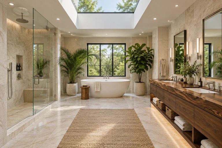 Skylit Luxury with Live-Edge Vanity and Tropical Plants, Modern luxury with natural finishes Large ensuite with skylight and dual vanity interior