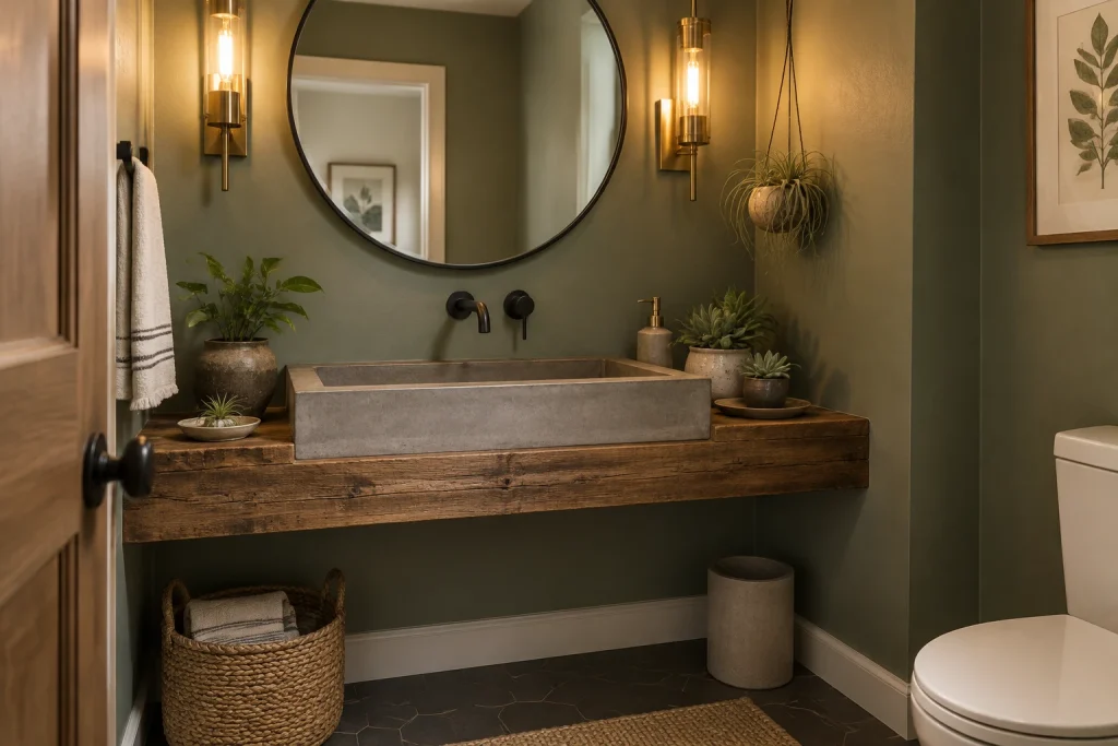 Eco-Minded Concrete Basin with Succulents and Reclaimed Wood, Industrial-natural, budget-conscious renovation Powder room / half bath interior