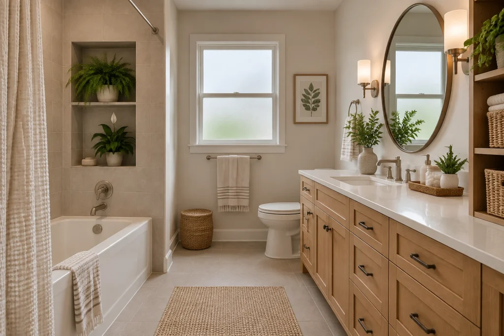 Family-Friendly Spa with Integrated Storage and Plant Shelf, Transitional, practical luxury Shared family bathroom with tub/shower combo interior