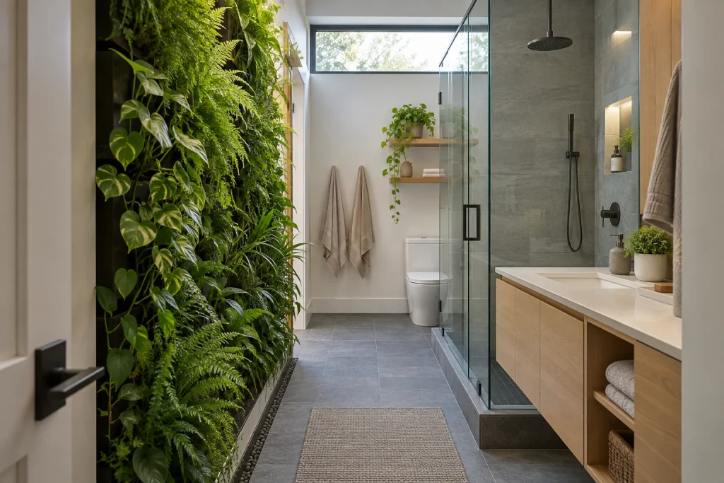 Narrow Galley Bath with Vertical Plant Wall, Contemporary with urban greenery Narrow bathroom converted to spa niche interior