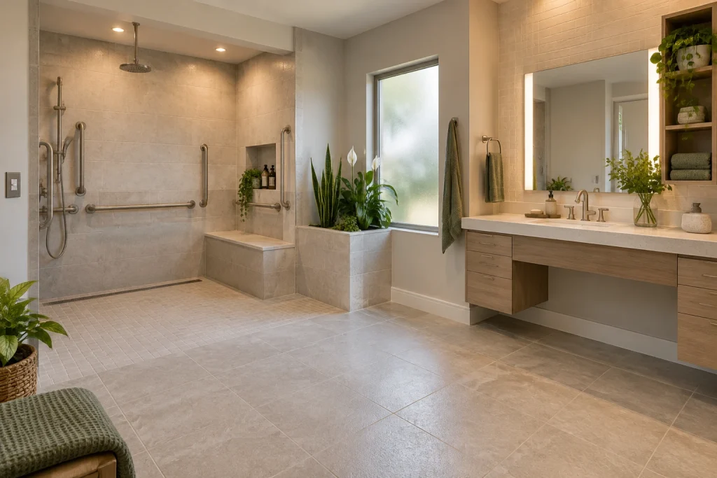 Accessible Spa Bath with Roll-In Shower and Planters, Universal-design spa Accessible primary bathroom interior
