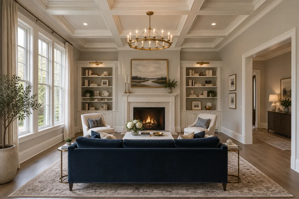 Classic coffered ceiling anchors a formal living room, Transitional-traditional Formal living room with fireplace interior