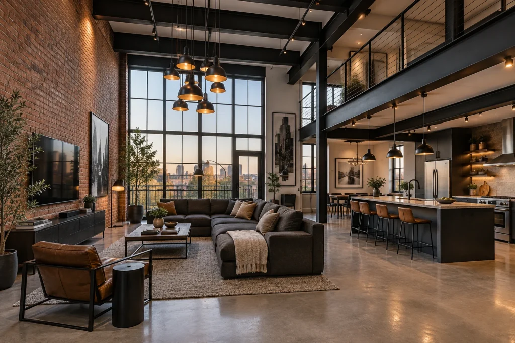 Exposed black-painted beams in an urban loft living room, Industrial modern Open-plan urban loft living area interior