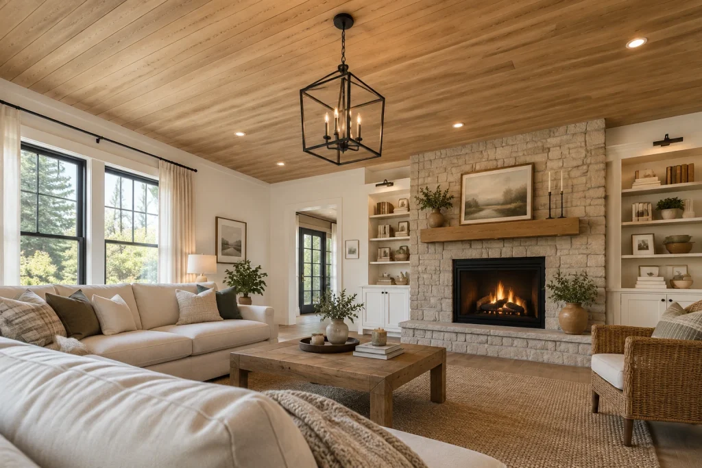 Tongue-and-groove wood ceiling for modern farmhouse warmth, Modern farmhouse / organic Family living room with hearth interior