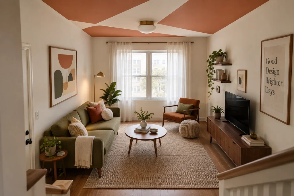 Bold geometric painted ceiling for a small apartment living room, Mid-century modern with playful graphics Compact city apartment living room interior