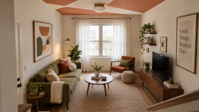 Bold geometric painted ceiling for a small apartment living room, Mid-century modern with playful graphics Compact city apartment living room interior
