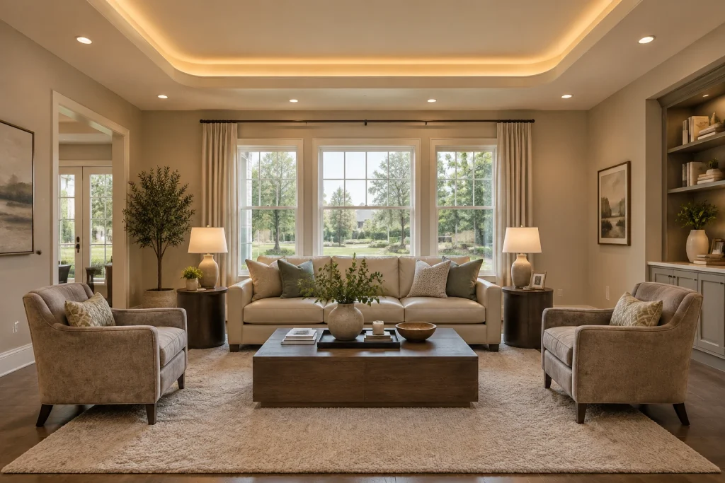 Soft curved tray ceiling with hidden cove lighting for contemporary classic look, Contemporary-classic / soft luxe Contemporary living room in a suburban home interior