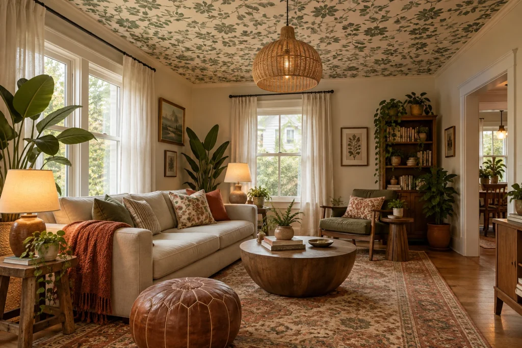 Botanical wallpaper ceiling in an eclectic boho living room, Eclectic bohemian Casual living room in an older bungalow interior