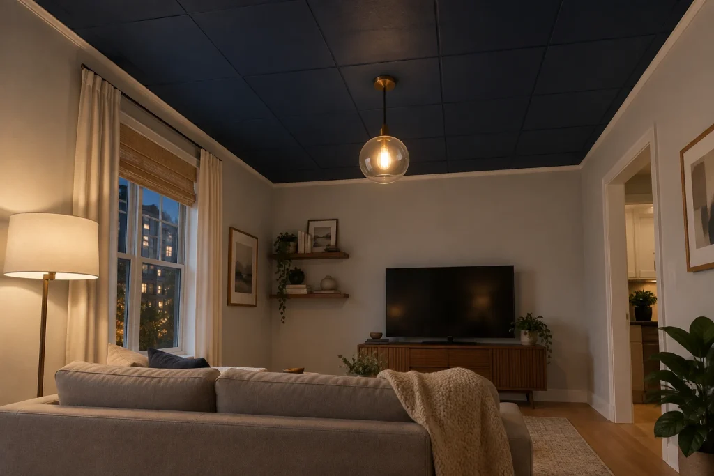 Renter-friendly removable deep-matte ceiling tiles for dramatic intimacy, Modern renter-adaptable Small urban living room suitable for rentals interior