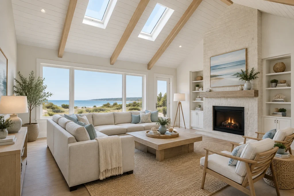Vaulted ceiling with skylights and exposed rafters for airy coastal living, Coastal modern Vaulted living room with open views interior