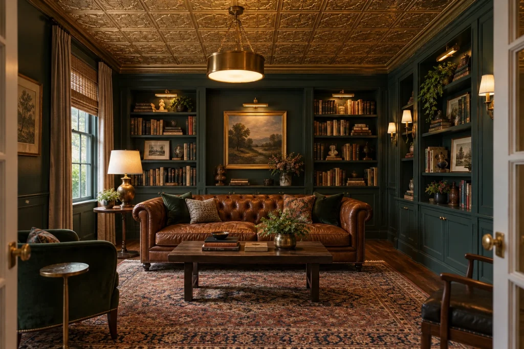 Pressed metal tin ceiling painted warm brass for a vintage-inspired library living room, Vintage-inspired / warm eclectic Library-style living room with shelving interior