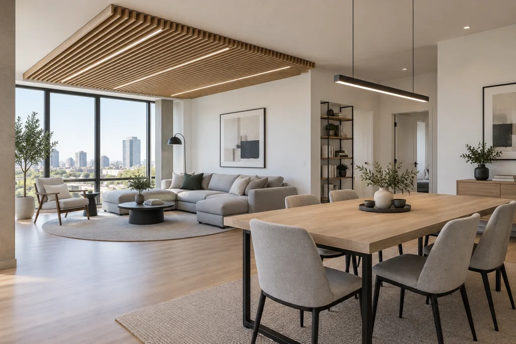 Suspended slatted wood ceiling to define zones in an open-plan living/dining area, Scandinavian-minimal modern Open-plan living and dining loft interior