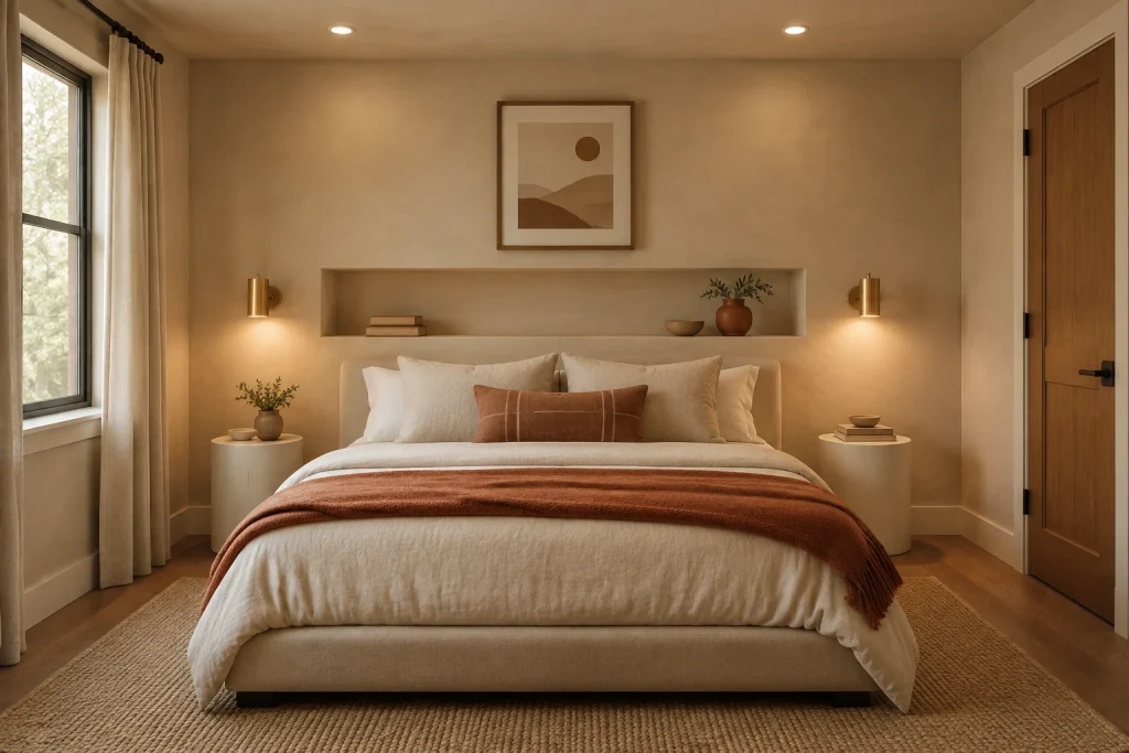 Plaster-walled minimalist with integrated headboard storage, Modern Minimal guest bedroom interior