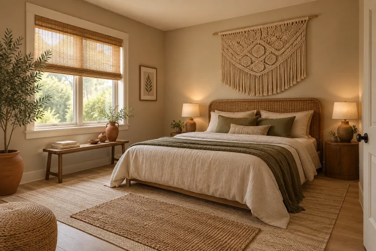 Warm minimalist with boho layering and natural fiber accents, Boho Minimal guest or secondary bedroom interior