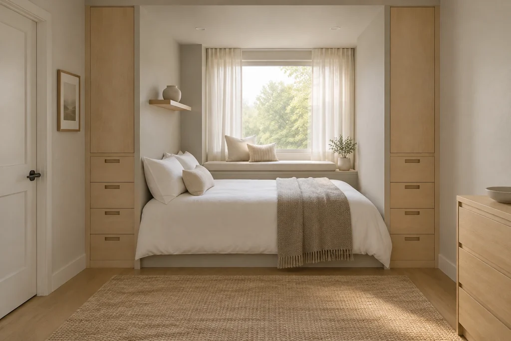Built-in alcove bed with window seat and integrated storage, Scandinavian Warm Minimal small bedroom with alcove interior