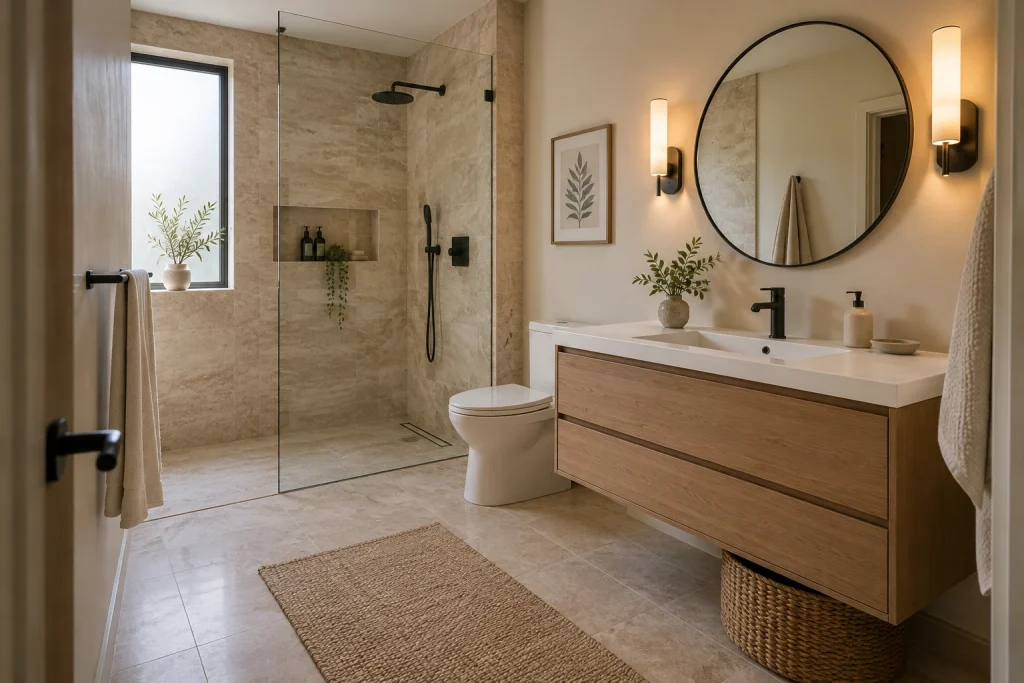 Matte Black Fixtures + Honed Travertine, Modern Organic Full bathroom with shower and vanity interior