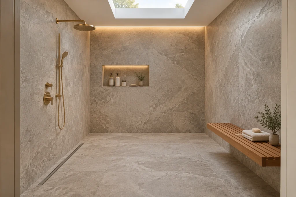 Spa Wet Room with Teak and Stone, Scandi Spa Wet room / open shower bathroom interior