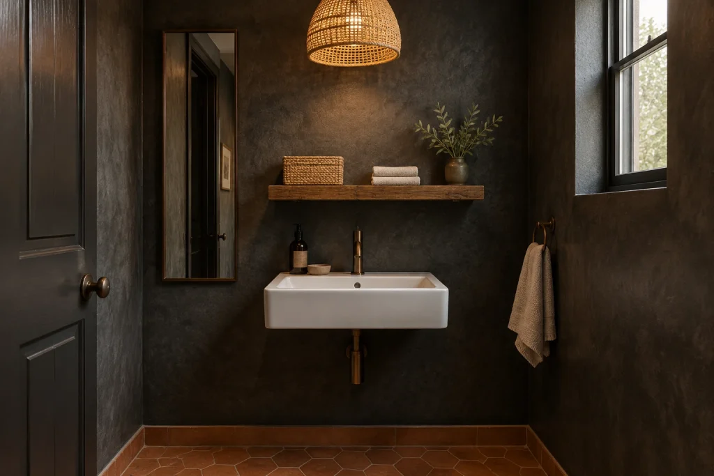 Moody Powder Room with Textured Plaster, Dramatic Textured Powder room / half bath interior