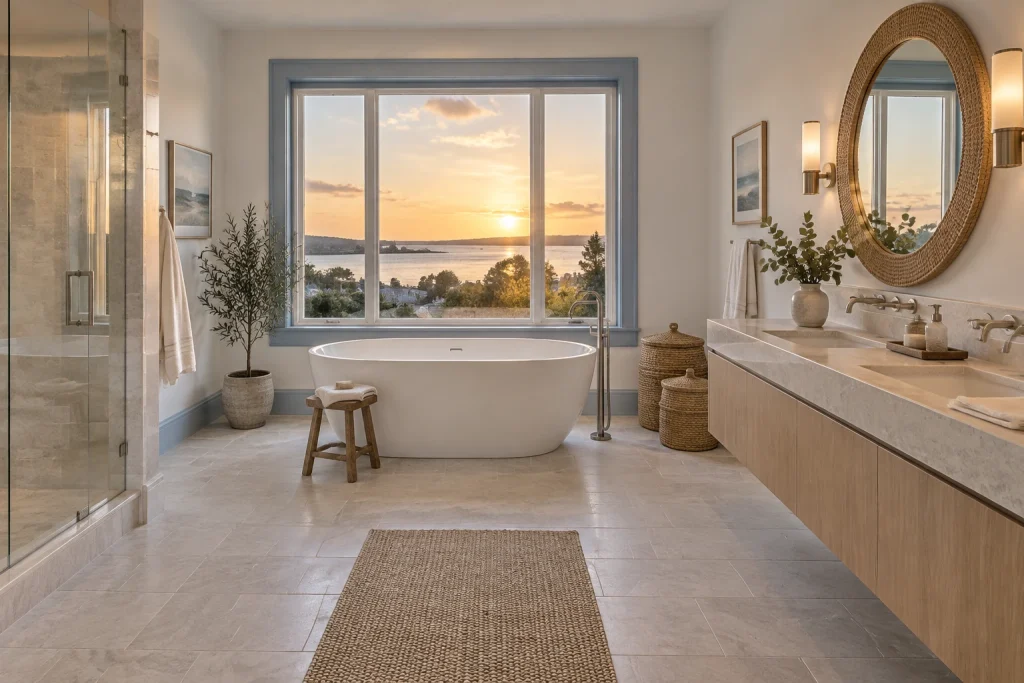Coastal Limestone + Rattan Accents, Coastal Modern Full bathroom with tub interior