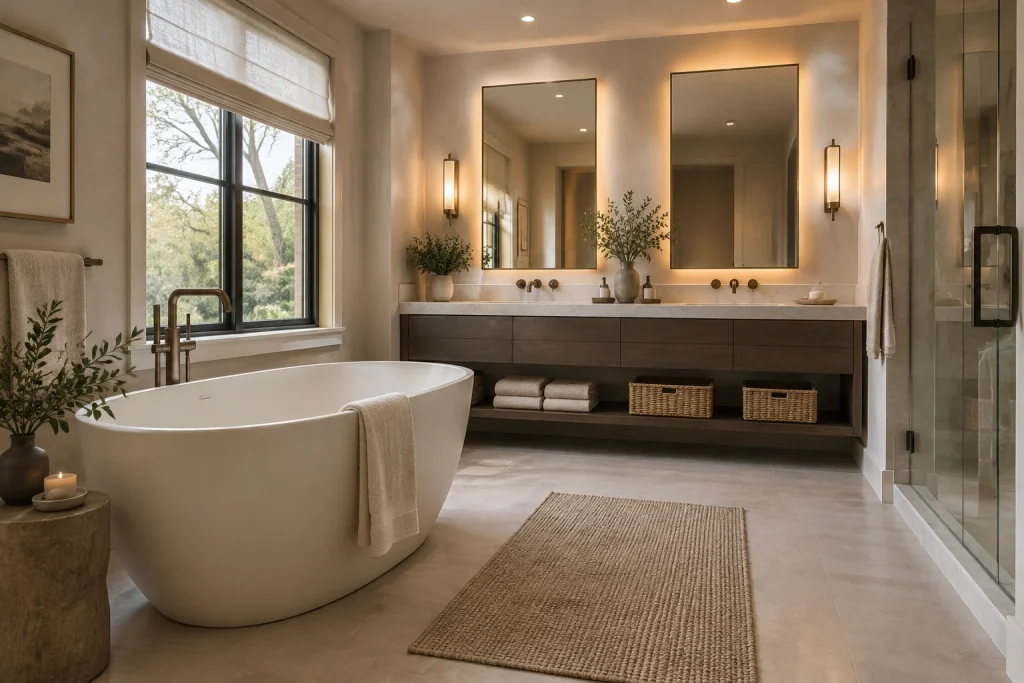 Hotel-Inspired Matte Fixtures & Honed Marble, Contemporary Luxe Primary bathroom with freestanding tub and double vanity interior