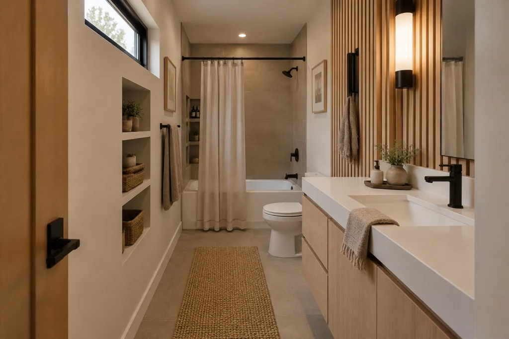 Narrow Bath with Vertical Wood Slats and Built-in Storage, Japandi Small-Space Narrow full bathroom with shower-tub combo interior