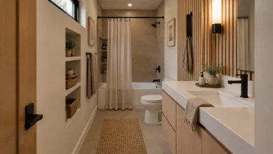 Narrow Bath with Vertical Wood Slats and Built-in Storage, Japandi Small-Space Narrow full bathroom with shower-tub combo interior