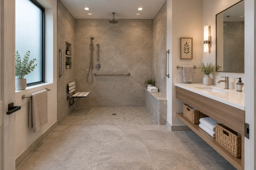 Accessible Curbless Shower with Textured Stone, Accessible Modern Universal-design bathroom with curbless shower interior